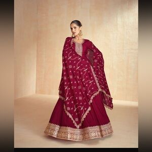 Embroidered Burgundy Lehenga Set with Gold Accents